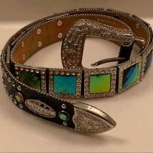 Black western leather aqua green crystal  belt
